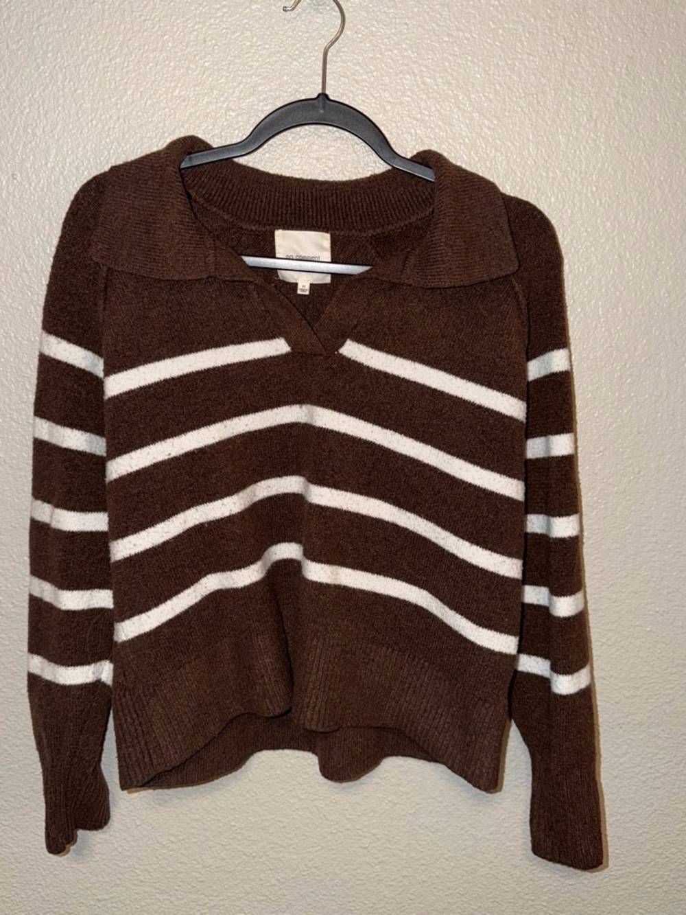 Women’s Brown V-Neck Striped Sweater with Collar